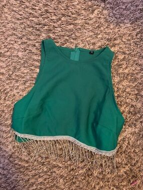 Green Beaded Fringe Crop Tank Top